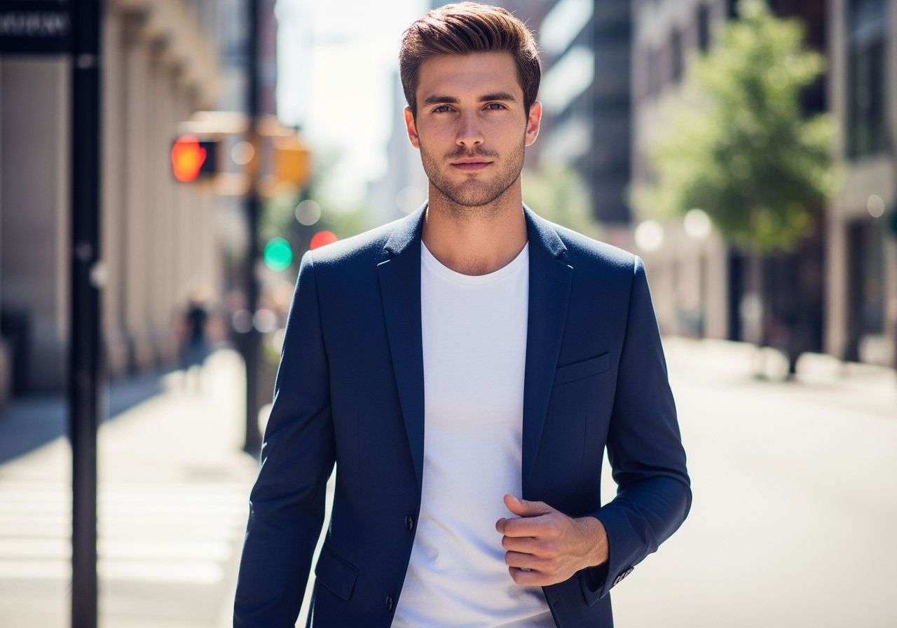 Mladý muž v tmavomodrom saku a bielom tričku stojí na ulici v mestskej oblasti s rozmazaným pozadím.