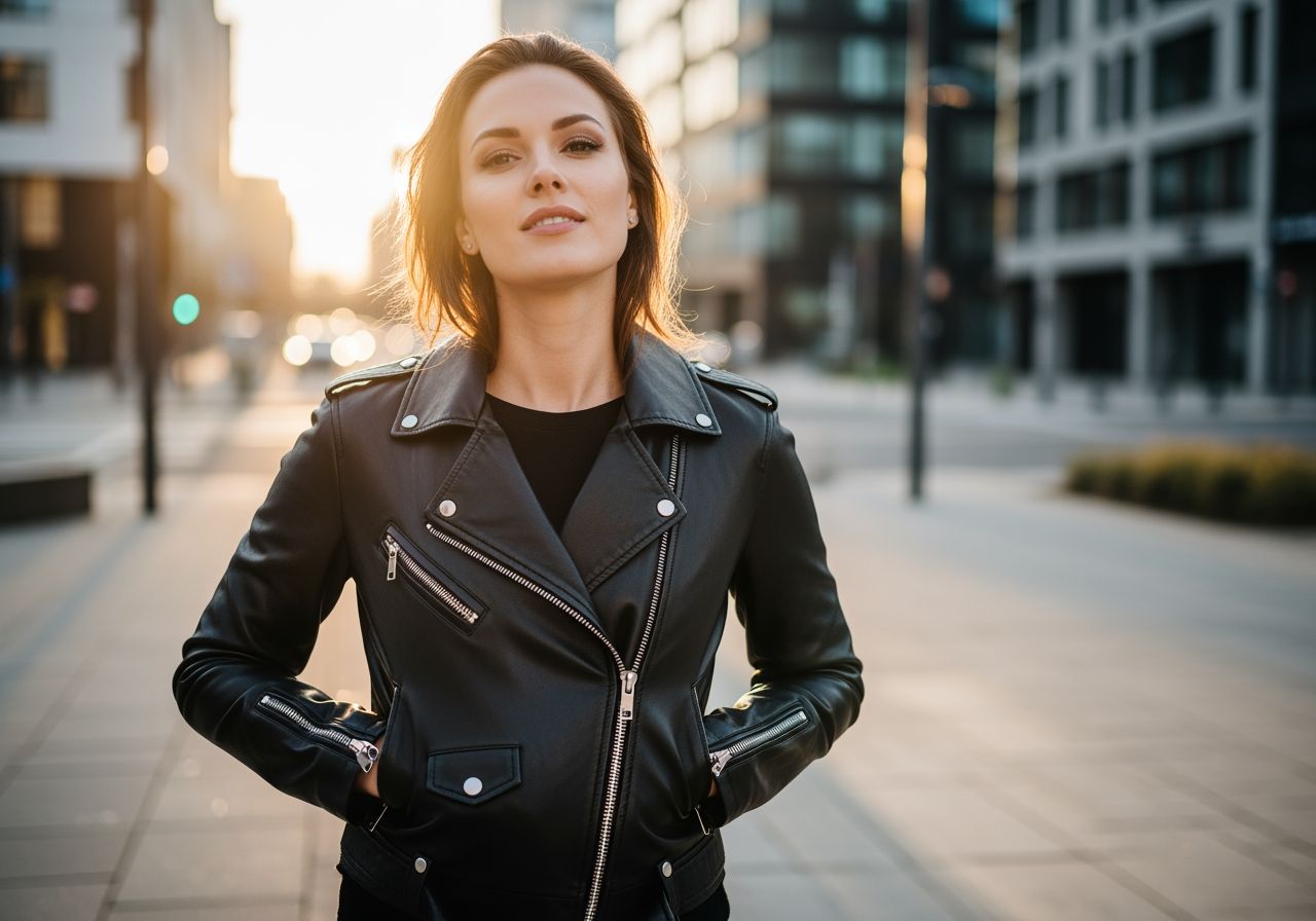 Žena v čiernej koženej ramoneske pózuje v mestskom prostredí za zlatou hodinkou.