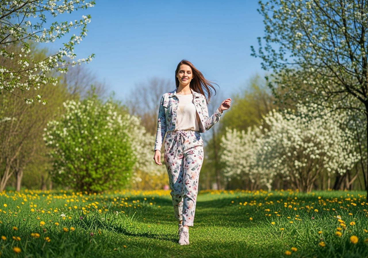 Mladá žena v jarnom parku so svetlým outfitom a kvetinovým vzorom, pri slnečnom dni pod modrou oblohou.