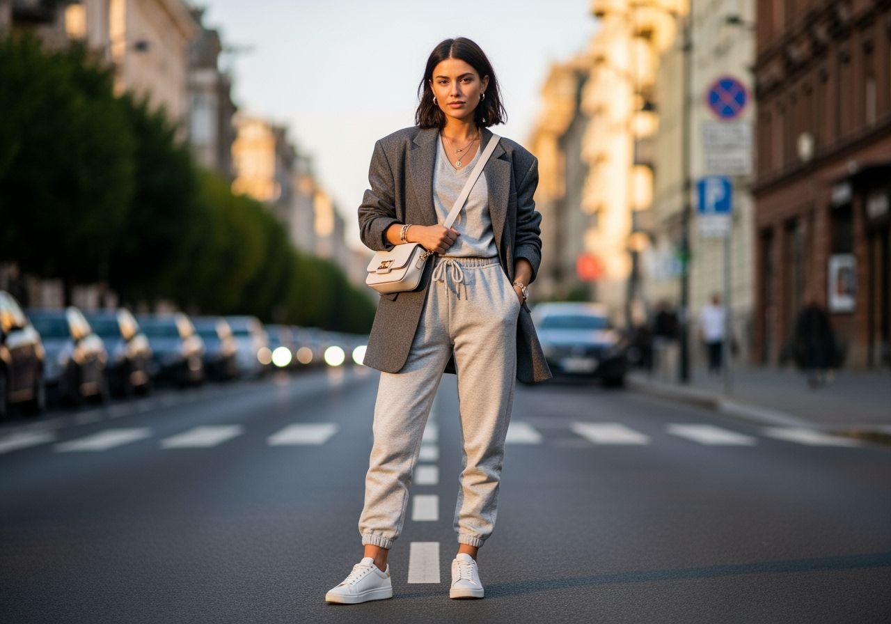 Mladá žena v mestskom oblečení s teplákmi, oversized sakom a bielymi teniskami počas zlatej hodiny
