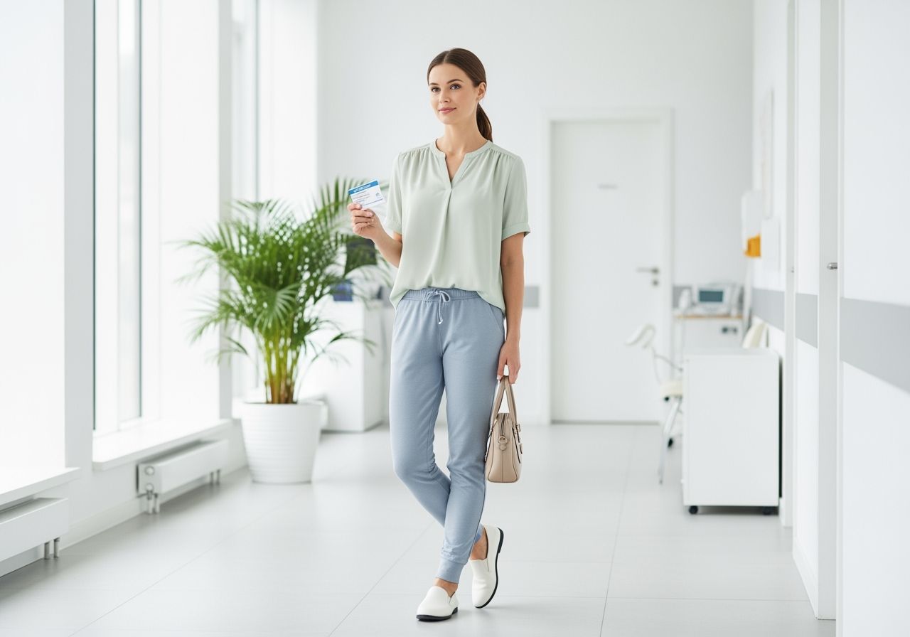 Žena stojí v modernom lekárskom centre so zdravotnou kartou, pripravená na gynekologickú prehliadku.