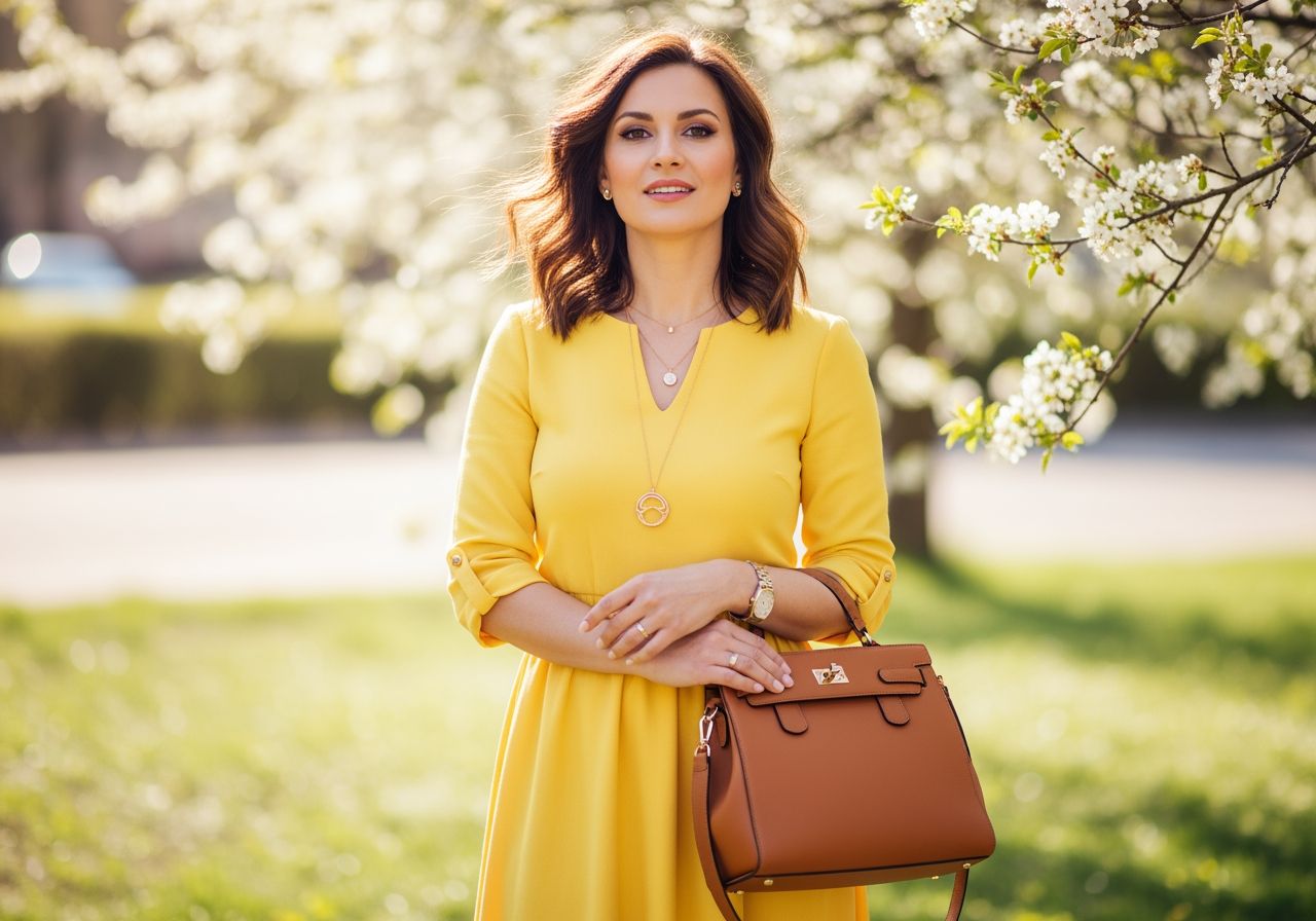 Žena v žltých šatách s kabelkou pri rozkvitnutých jarných kvetoch v prirodzenom svetle