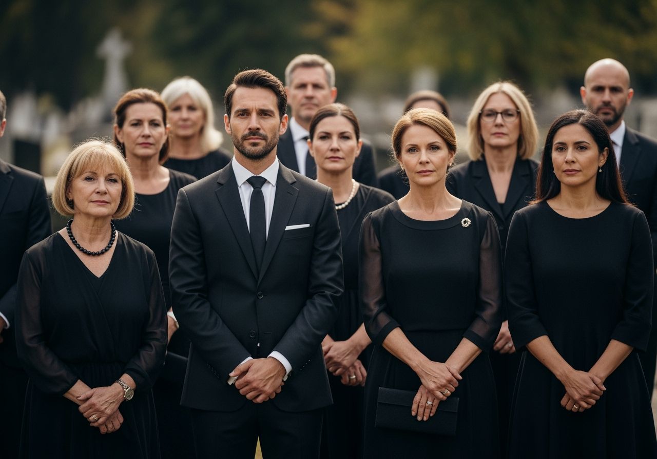 Fotorealistická scéna pohrebu s ľuďmi v čiernom oblečení vonku pri cintoríne v prirodzenom svetle