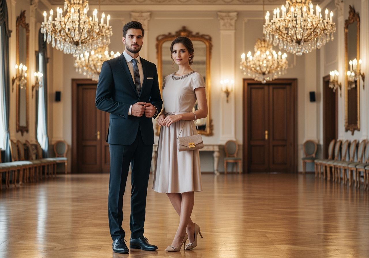 Mladý muž a žena v elegancii na tradičnom slovenskom plese v zdobenej sále s lustrami a drevenou podlahou