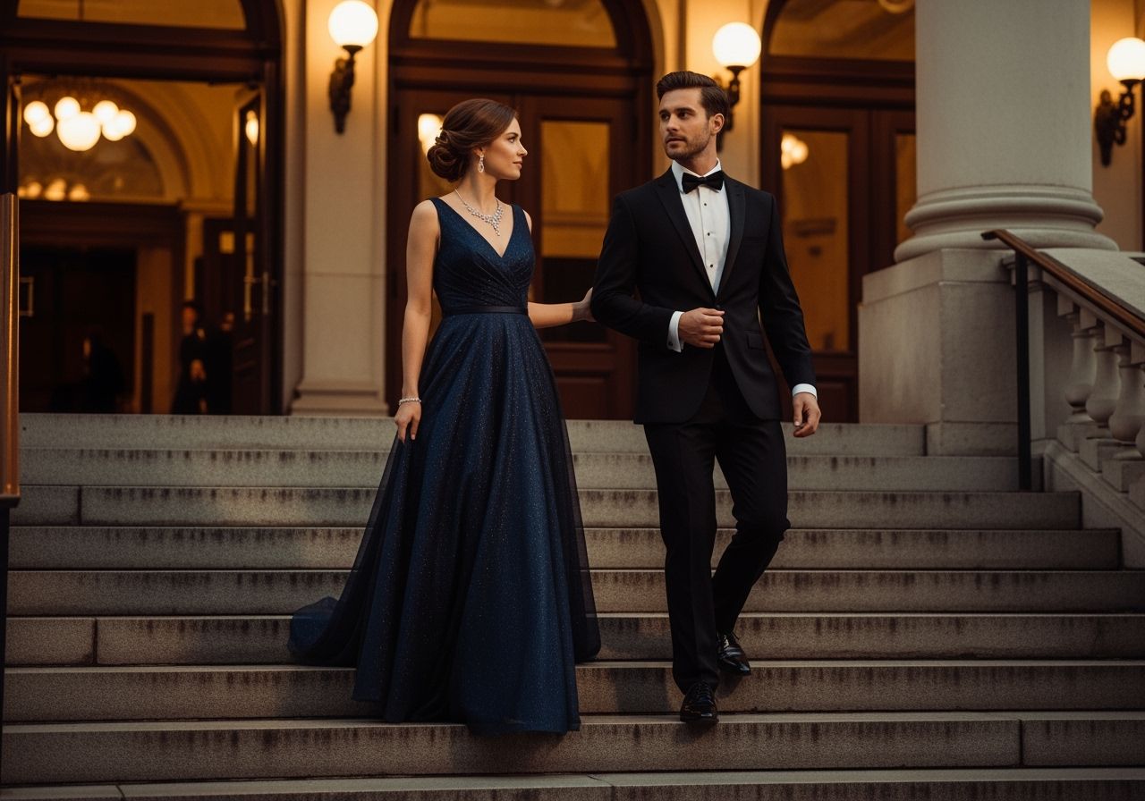 Elegantný pár prichádza večer na klasický koncert pred historickou budovou s teplým osvetlením.