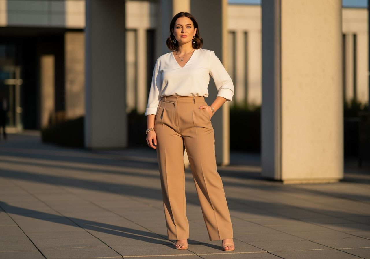 Žena s jablkovou postavou v modernom meste, oblečená v priliehavom top a širokých nohaviciach.