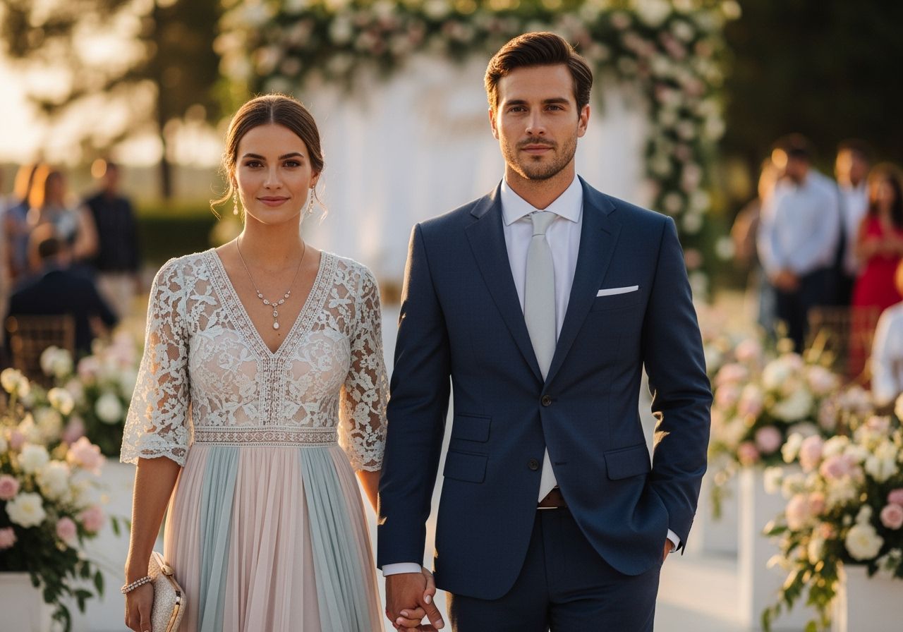 Štýlový pár na vonkajšej svadbe počas zlatej hodiny pri kvitnúcich dekoráciách.