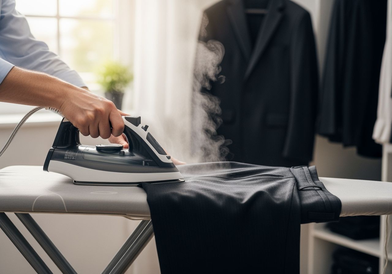 Osoba žehli elegantné tmavé nohavice na modernom žehliacom prkne v jasne osvetlenej miestnosti.