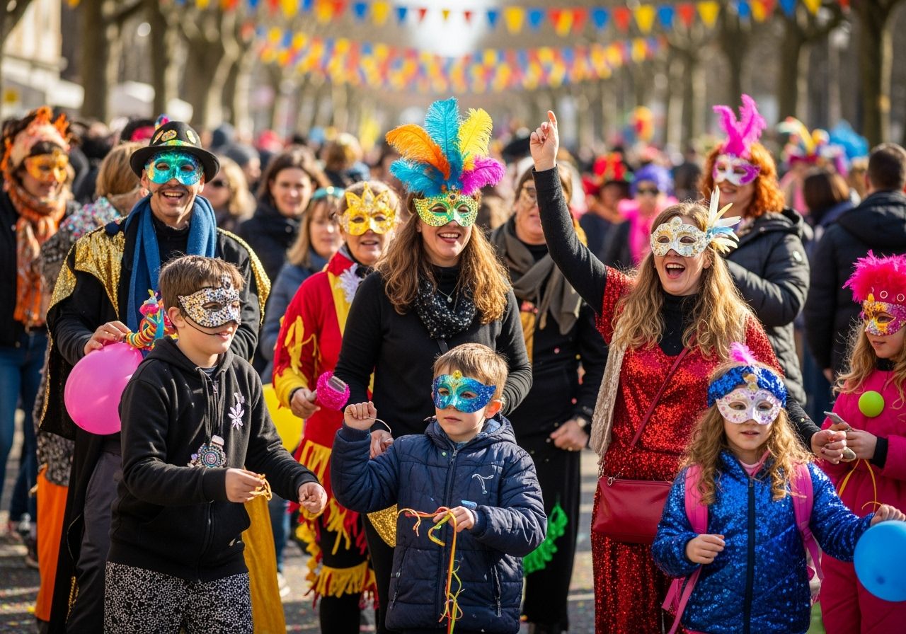 Skupina ľudí v karnevalových kostýmoch oslavuje vonku počas dňa s bublinami a konfety.