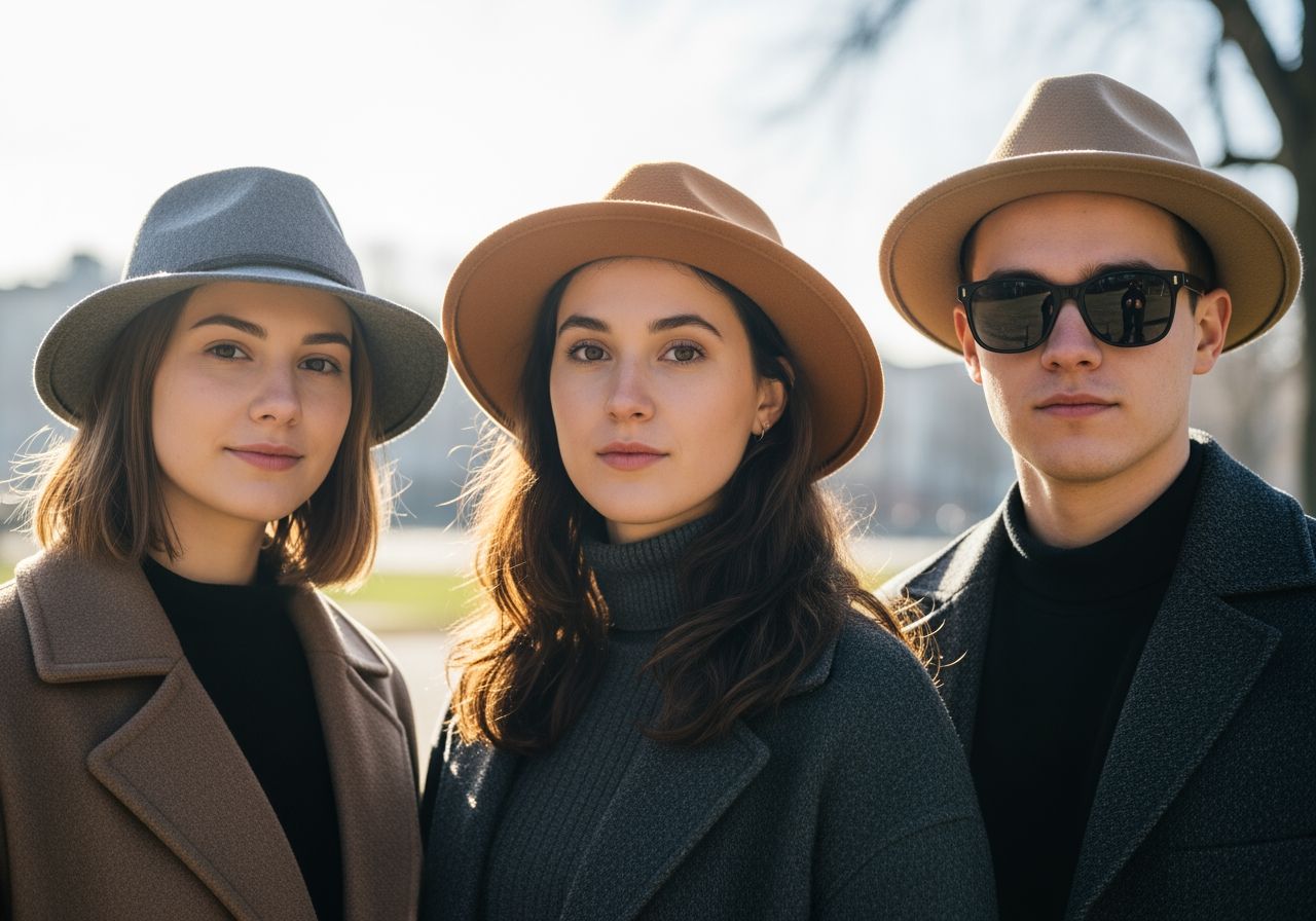 Trojica mladých ľudí s rôznymi klobúkmi podľa ich tvaru tváre v mestskom parku.