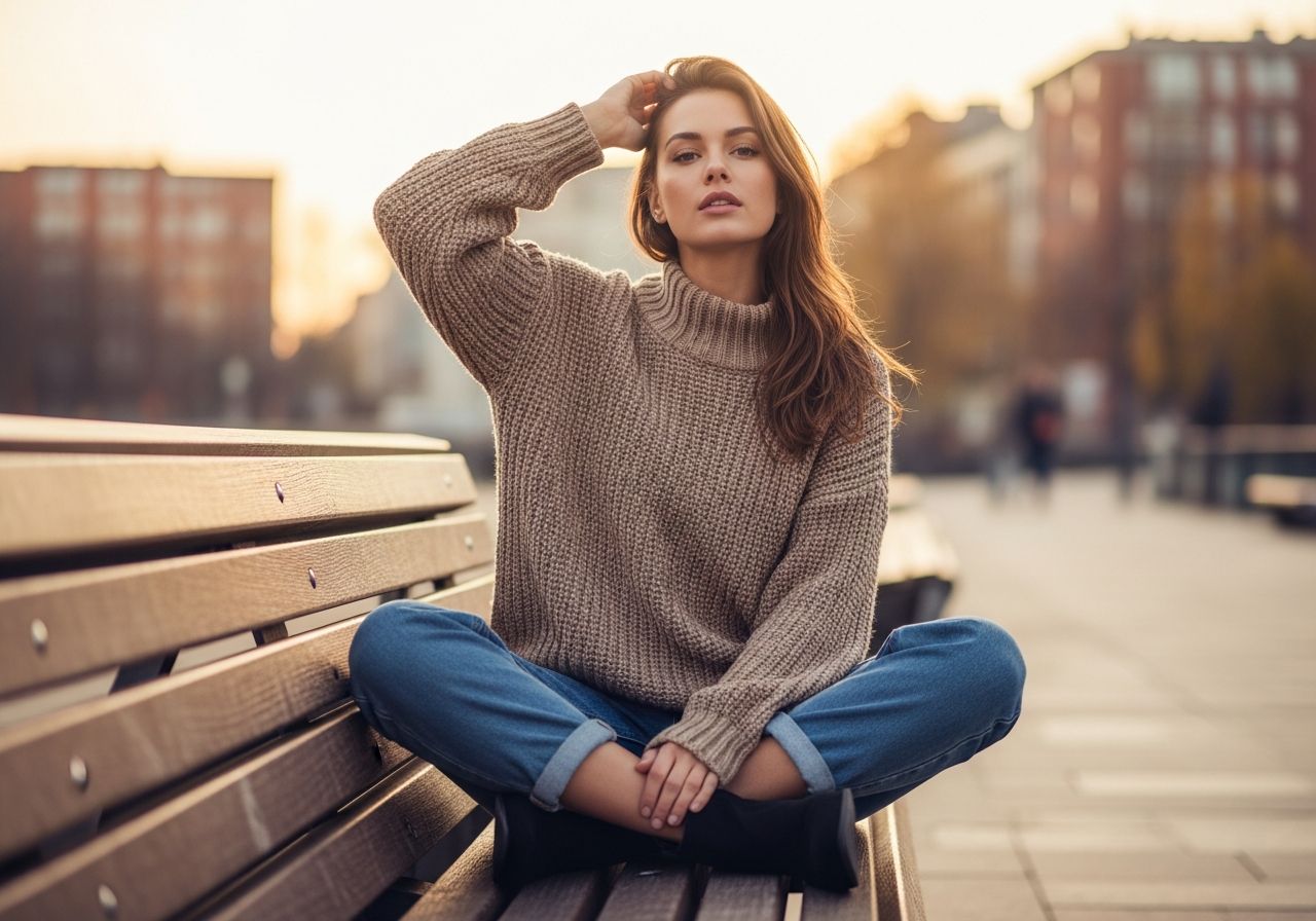 Mladá žena v oversized svetríku sedí na lavičke v mestskom prostredí počas jesene.