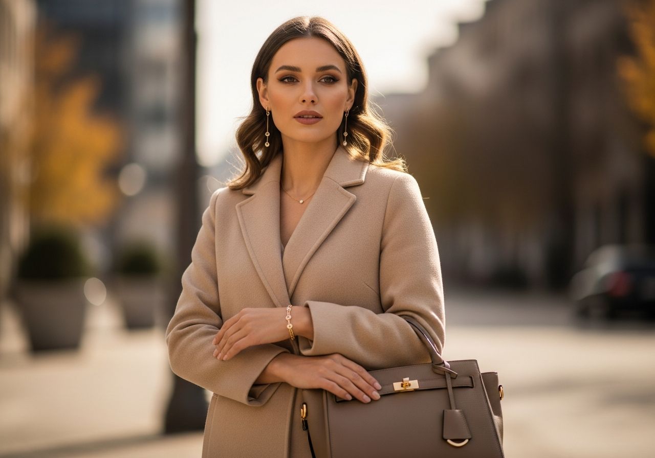 Žena v béžovom kabáte s koženou kabelkou a zlatými šperkami na jesennom mestskom pozadí