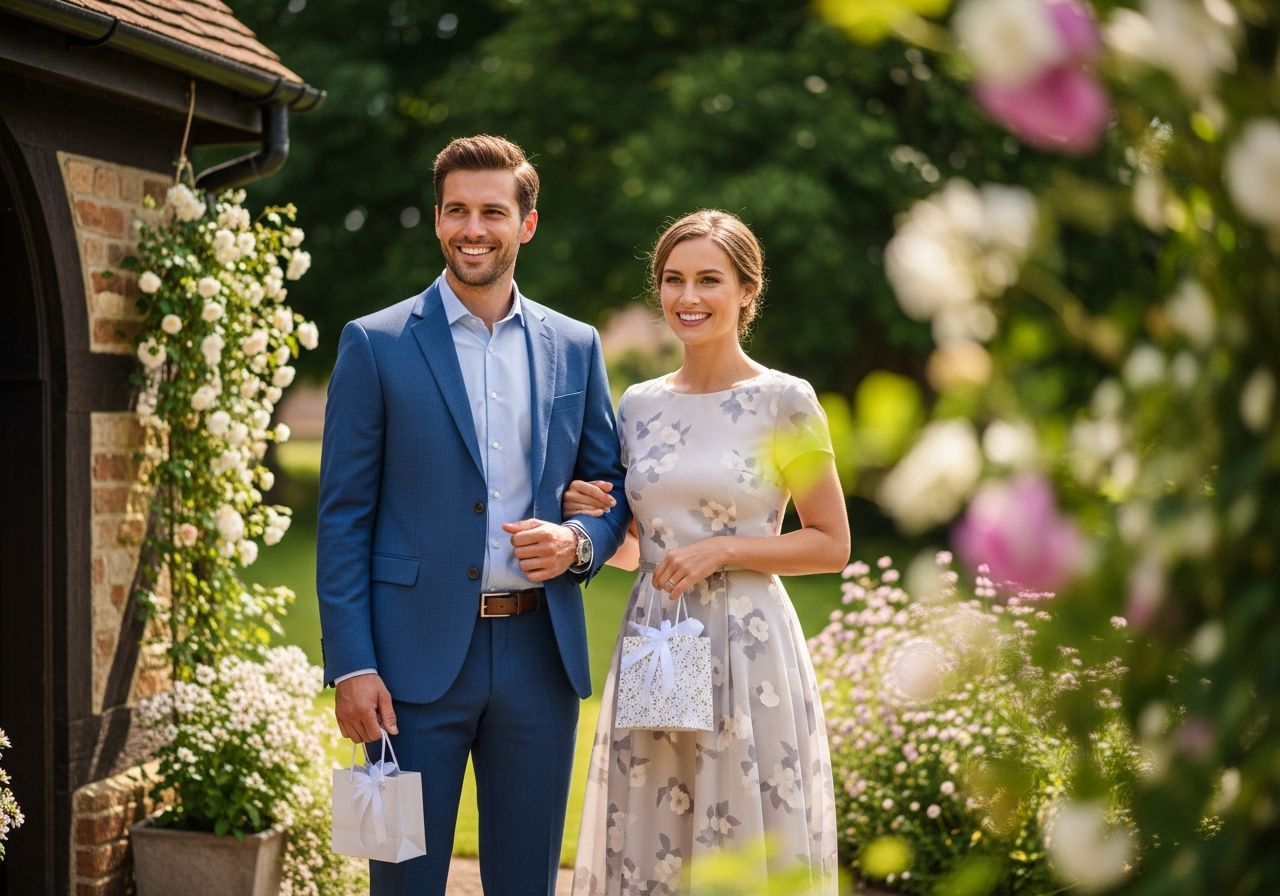 Muž v modrom obleku a žena v pastelových šatách stojaci pred kostolom na krste s darčekmi.