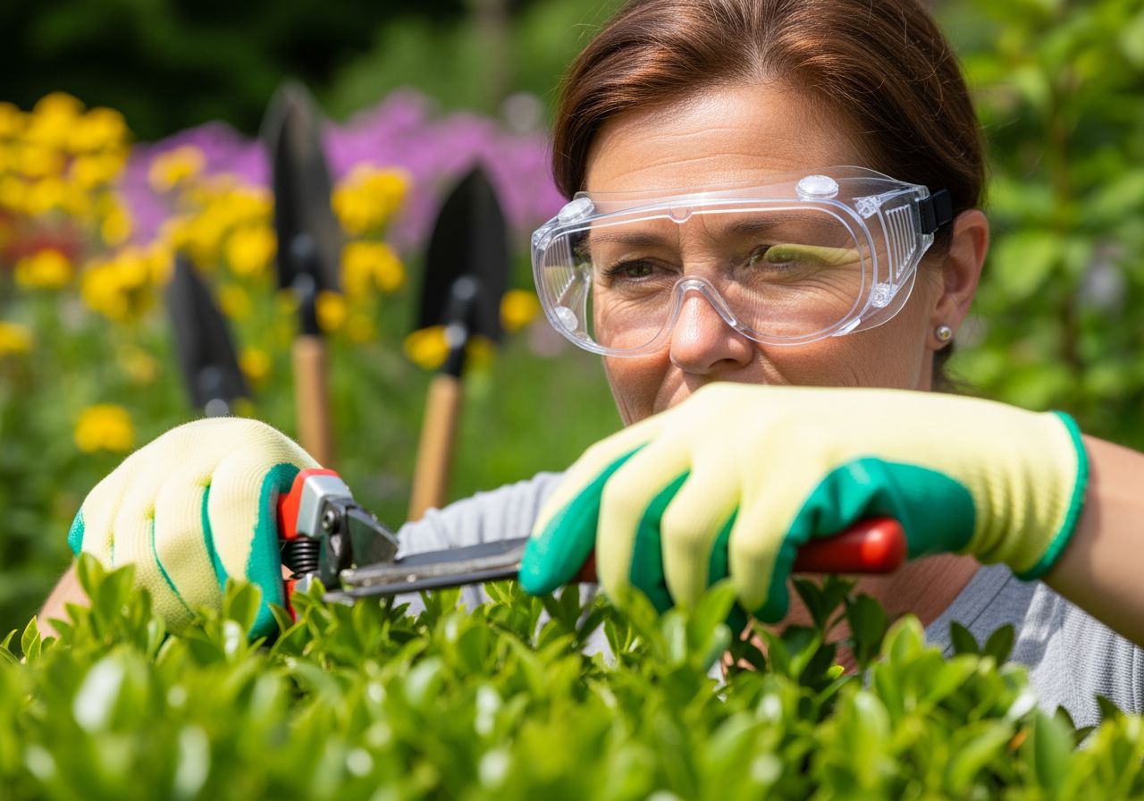 Stredne starý človek s ochranými záhradnými okuliarmi, strihajúci ker v záhrade s farebnými kvetmi.