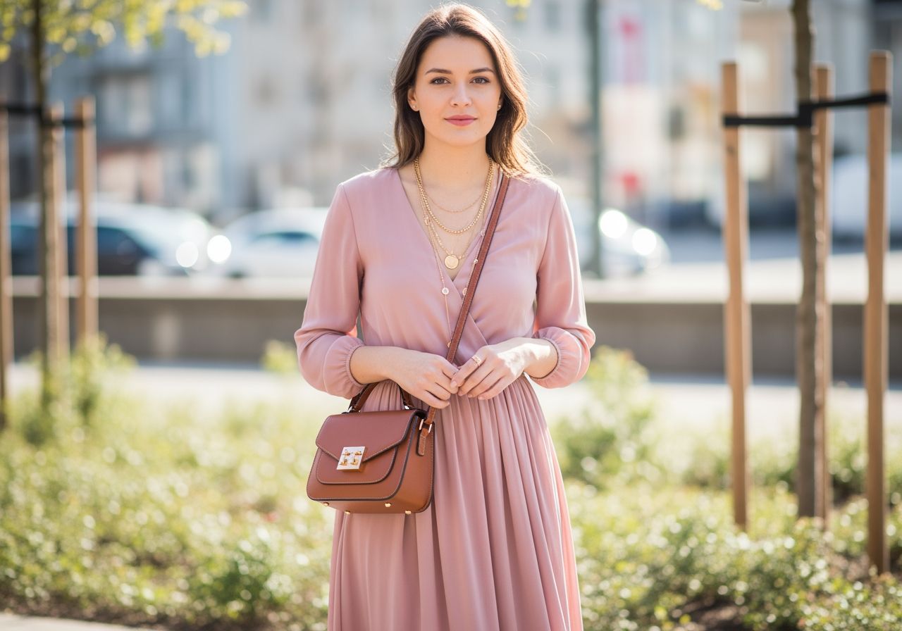 Mladá žena v ružových šatách s vrstvenými zlatými náhrdelníkmi a koženou taškou v prírodnom prostredí