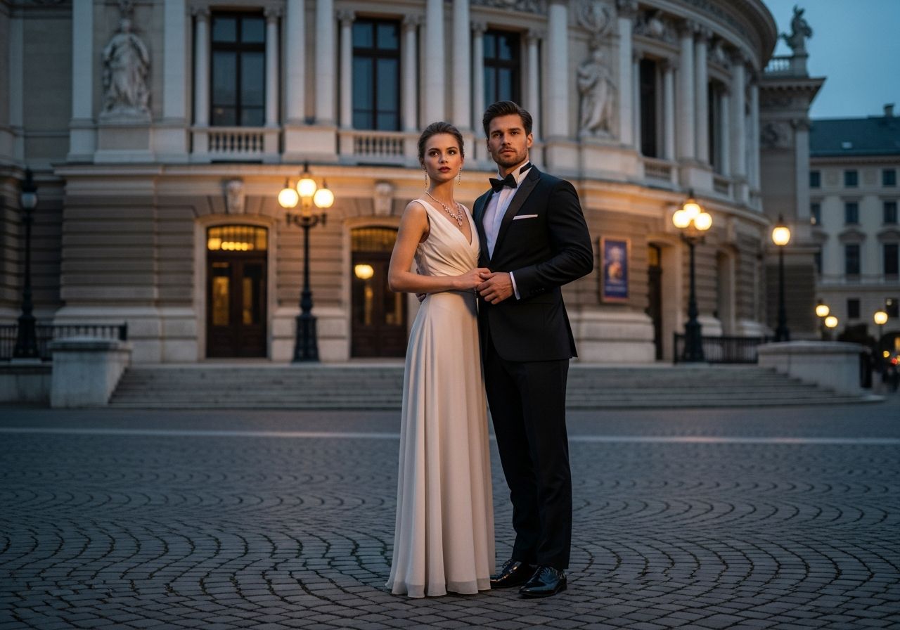 Elegantný pár pred operou za súmraku v večerných šatách a smokingu na dlažobných kockách