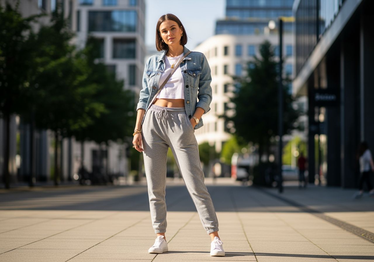 Mladá žena v sivých teplákoch a bielom crop tope stojí na ulici s mestským pozadím.