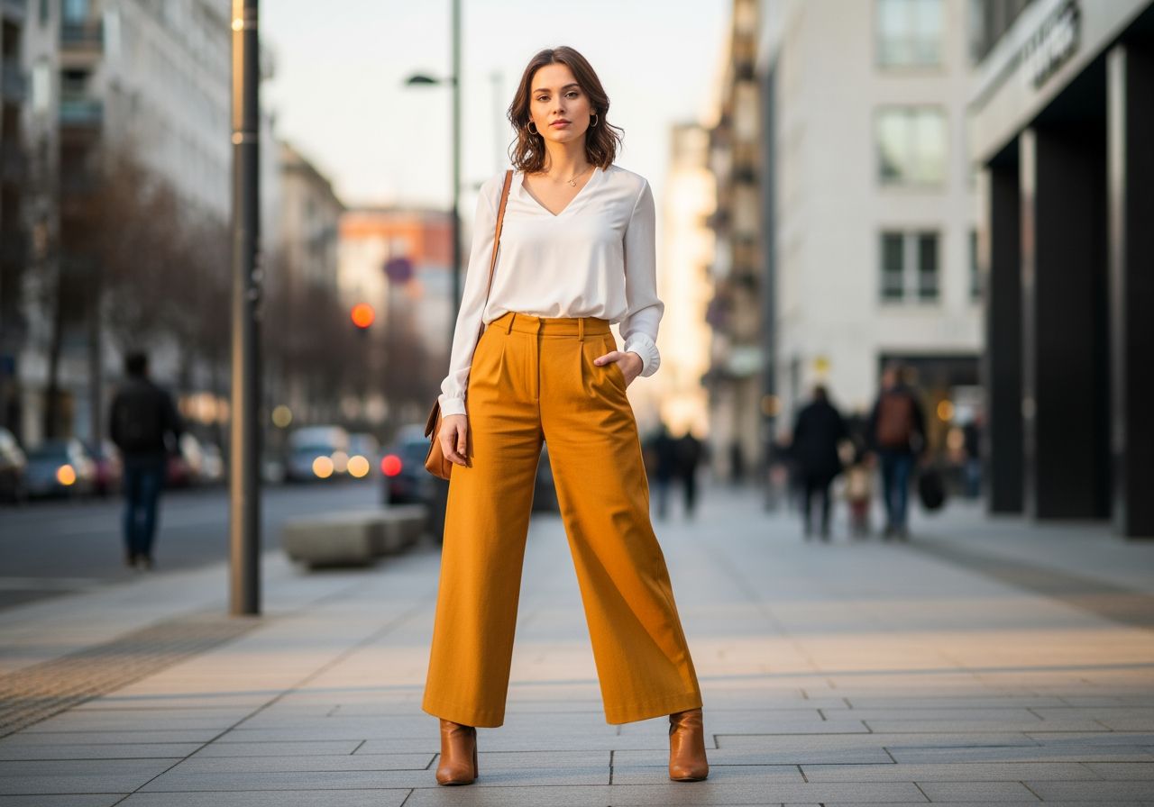 Mladá žena v horčicových nohaviciach a bielej blúzke na ulici počas zlatej hodiny.