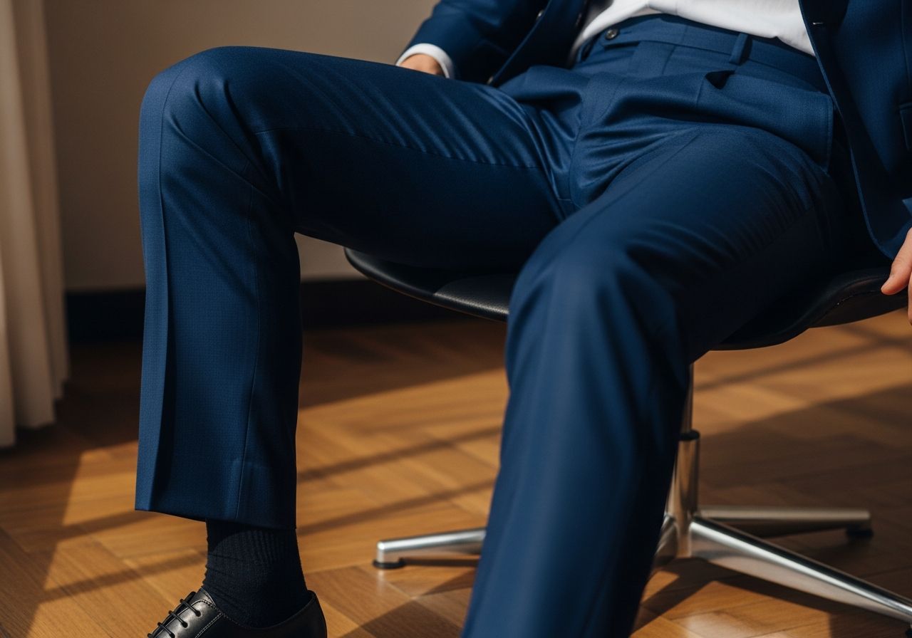 Muž sediaci na stoličke v perfektne padnúcich námorníckych oblekových nohaviciach a čiernych topánkach