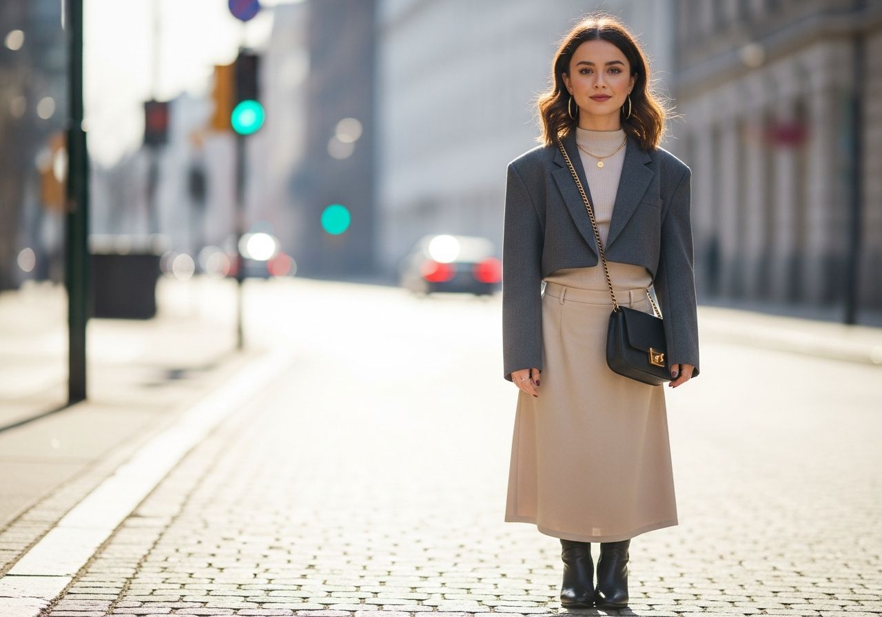 Mladá žena v štýlovom oblečení stojí na slnečnej ulici, mesto rozmazané v pozadí.