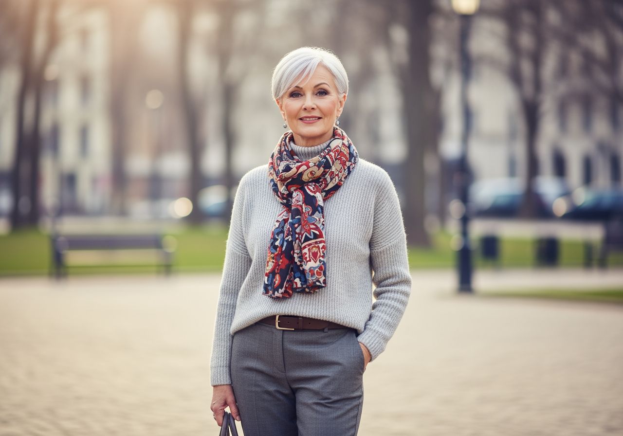 Štýlová staršia žena s krátkymi striebornými vlasmi stojí vonku v mestskom parku na jar.