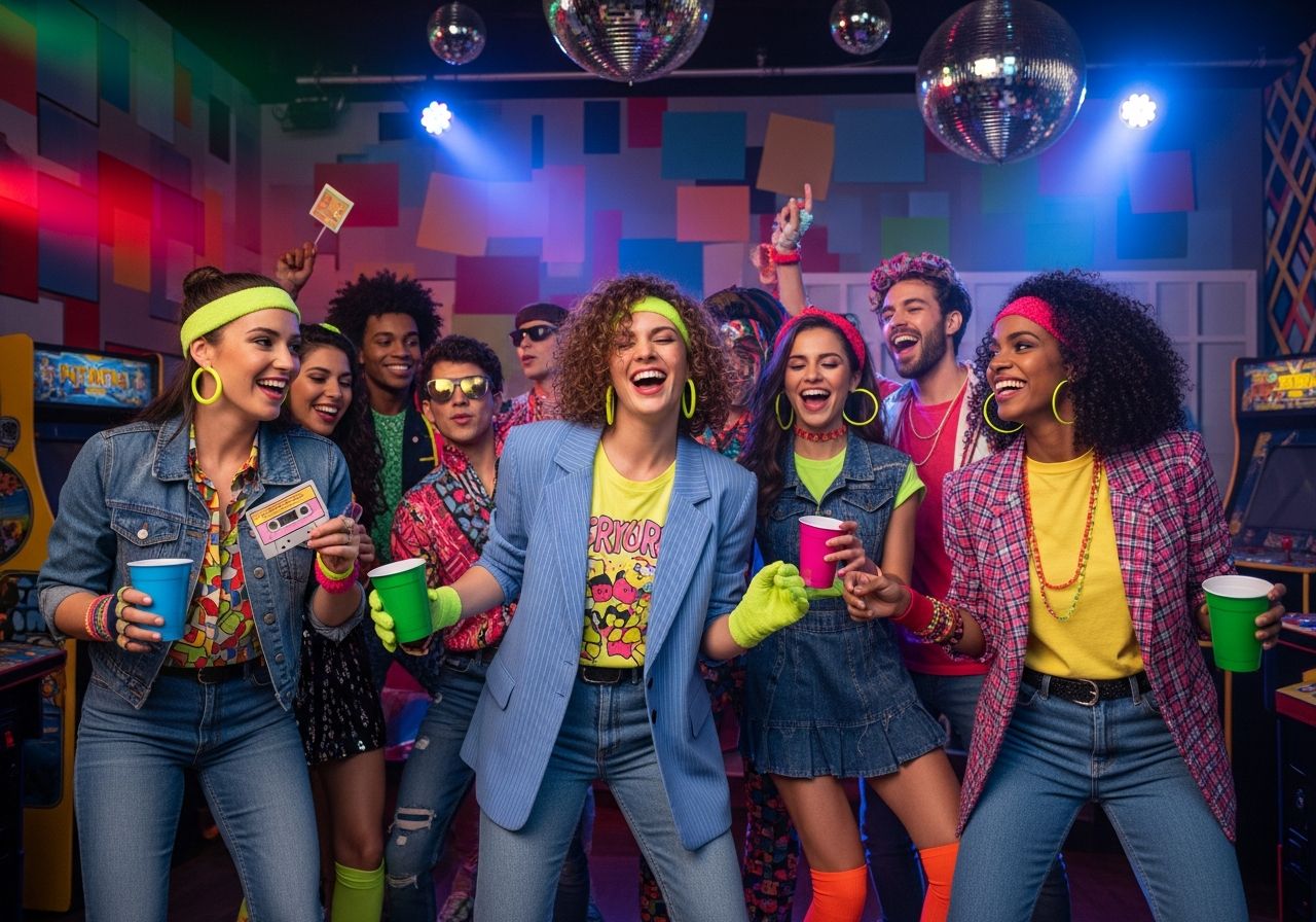 Fotorealistická 80. ročná párty s ľuďmi v retro oblečení a farebných svetlách v interiéri s diskokoulami.