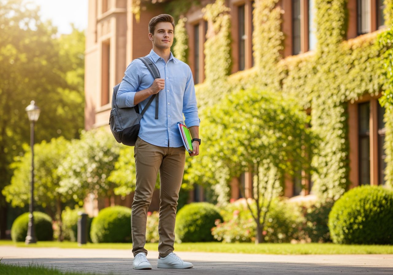 Študent stojaci pred univerzitnou budovou, drží batoh a poznámky, sústredený na skúšku.