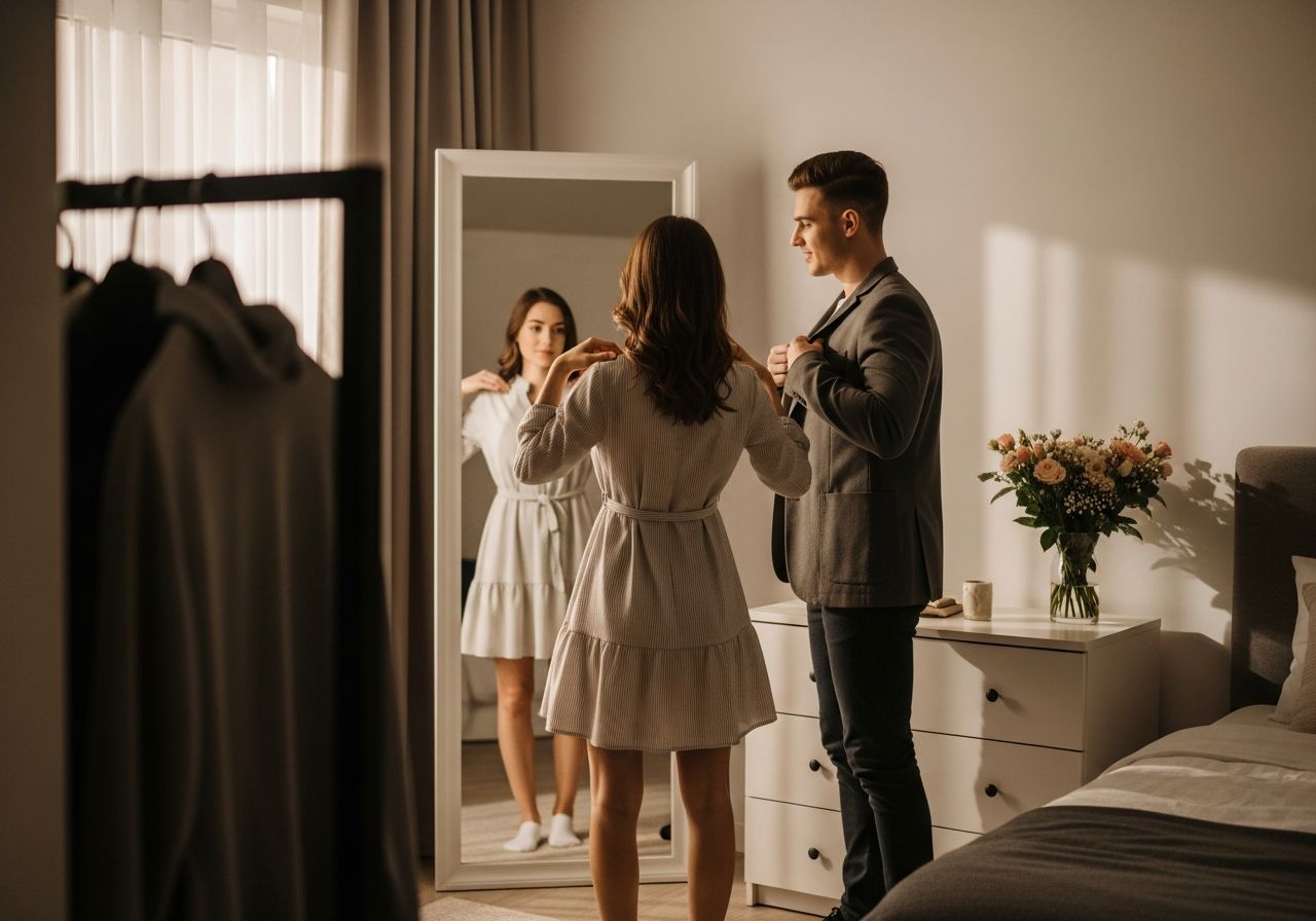 Mladý pár pripravuje oblečenie na prvé rande v útulnej spálni pri prirodzenom svetle z okna
