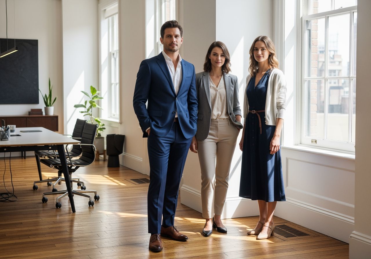 Trojica profesionálov v rôznych pracovných outfitových štýloch stojí v modernom kancelárskom prostredí.