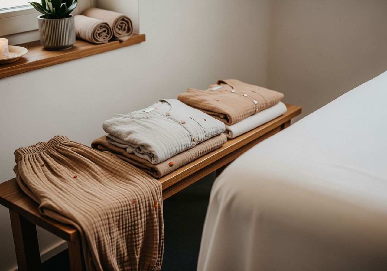 Fotorealistická masážna miestnosť s bielou posteľou a jednoduchým oblečením na drevenej lavičke.