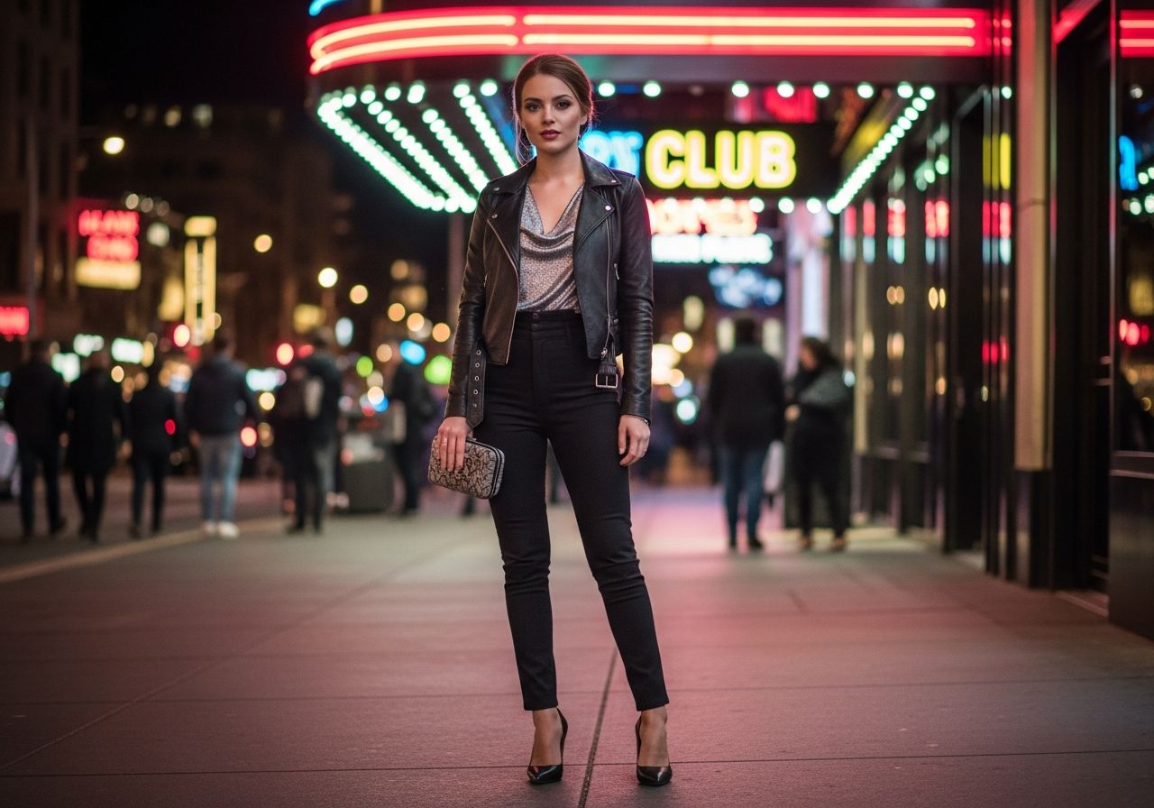 Mladá žena v koženej bunde stojí pred nočným klubom s neónovými svetlami v pozadí.