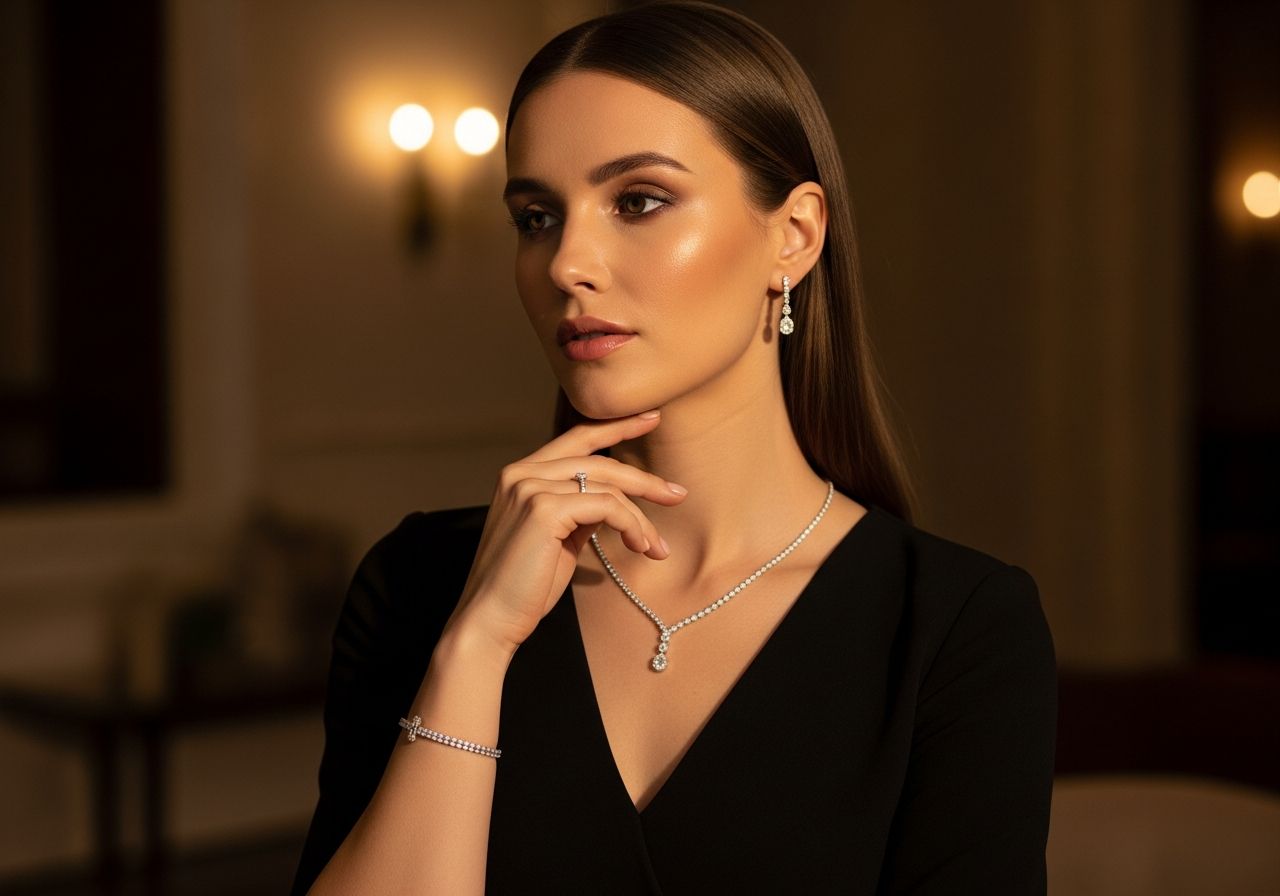 Žena v čiernych šatách s diamantovým šperkom v elegantnom interiéri s teplým osvetlením