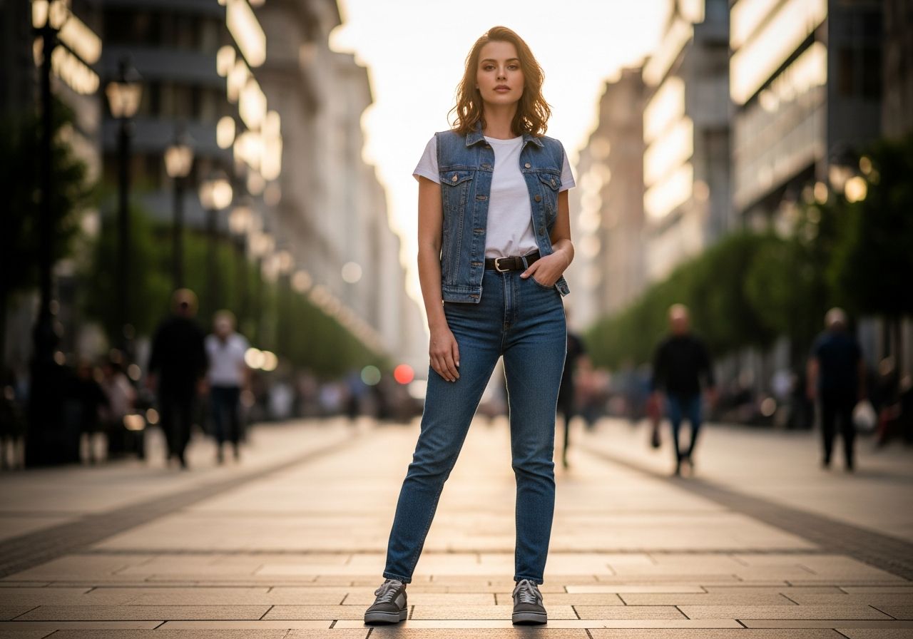 Mladá žena v modrej rifľovej veste a bielom tričku na slnečnej mestskej ulici.