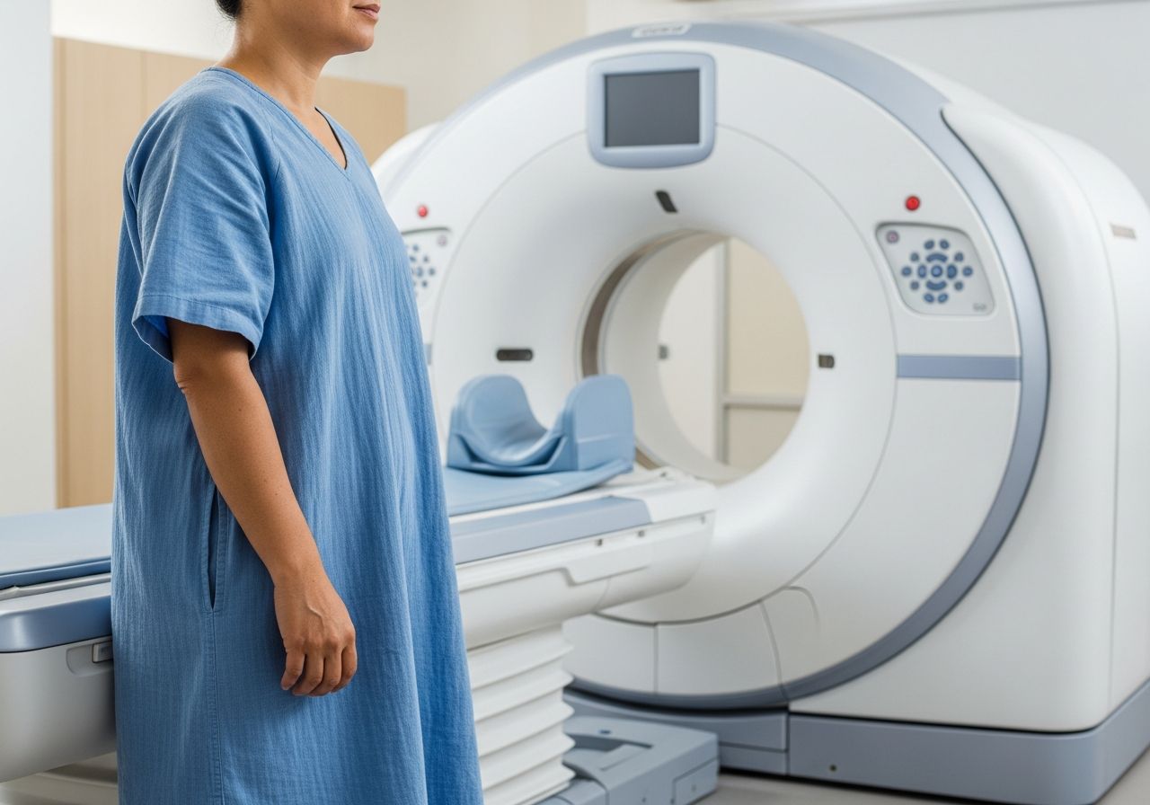 Pacient pripravujúci sa na CT vyšetrenie v modernej klinike vedľa prístroja bez kovových prvkov