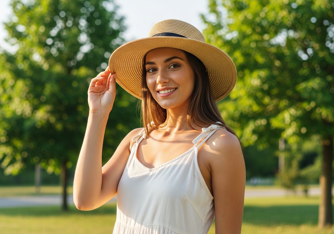 Mladá žena v klobúku stojí vonku za slnečného dňa, jemne drží okraj klobúka, zelené stromy v pozadí.