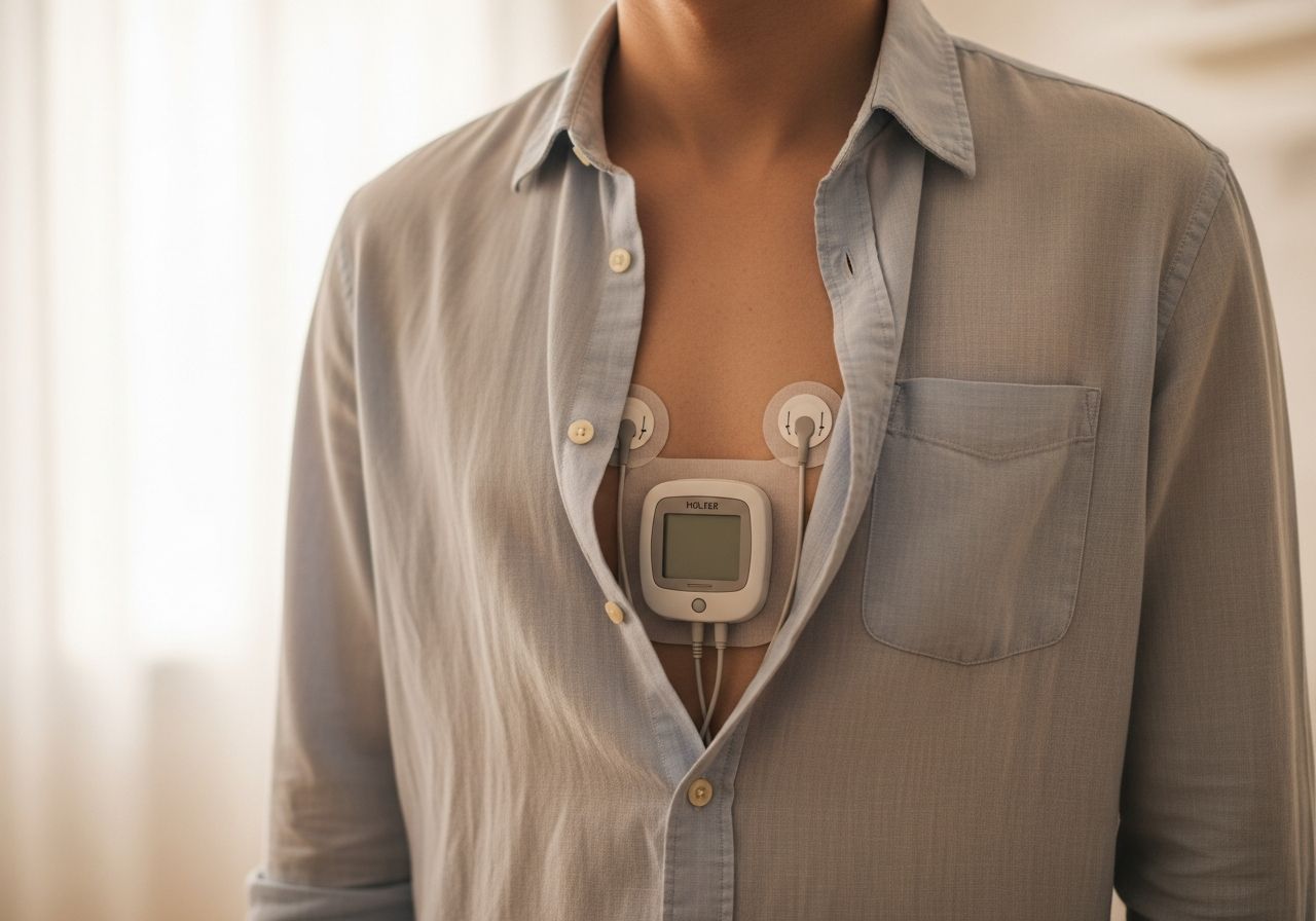 Mladý dospelý so srdcovým Holterom pod svetlou bavlnenou košeľou v jasnej miestnosti
