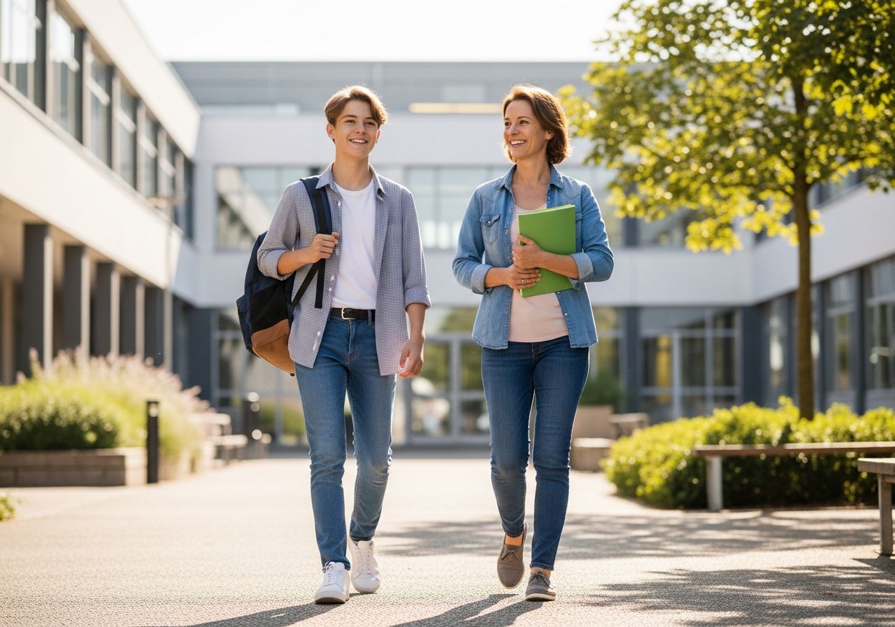 Študent s batohom kráča do školy vedľa rodiča na školskom dvore so zelenými plochami.