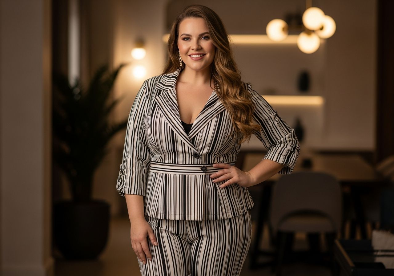 Žena plus size v modernom interiéri v pruhovanom oblečení s rukou na páse.