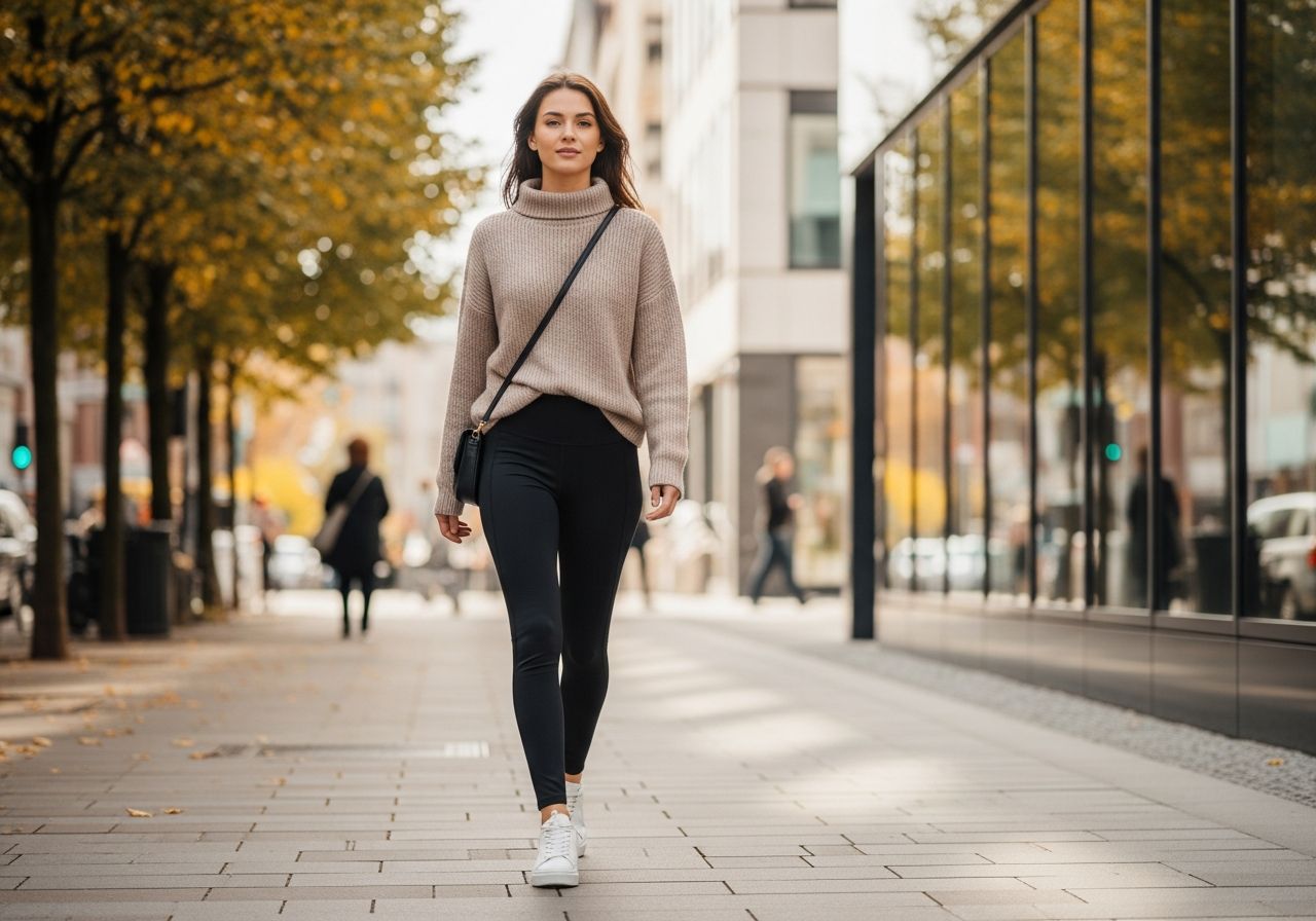 Mladá žena v čiernych legínach a béžovom svetri kráča mestom so štýlovou kabelkou na ramene