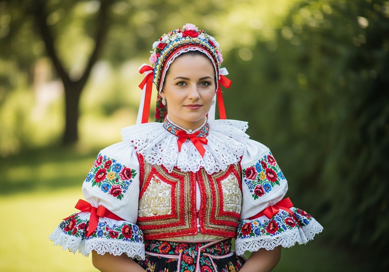 Mladá kmotrička v tradičnom slovenskom svadobnom kroji s vencom na hlave, stojaca v prírode