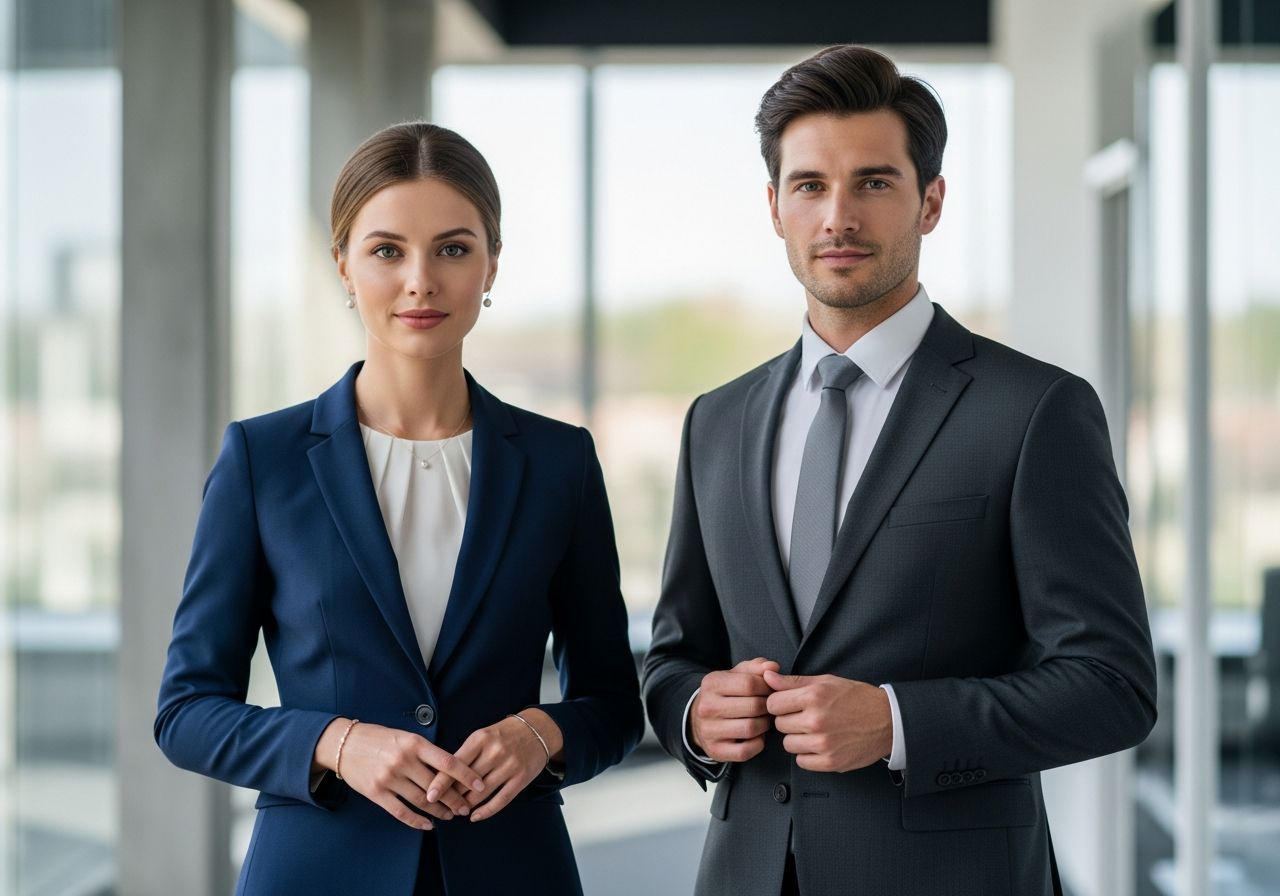 Mladá žena a muž v pracovnom oblečení stojaci v kancelárskej chodbe pred pracovným pohovorom.