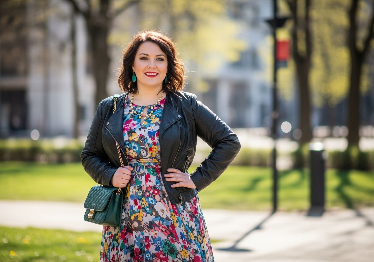 Plus size žena v štýlovom oblečení stojí vonku s úsmevom, pozadie park a mestské prvky.