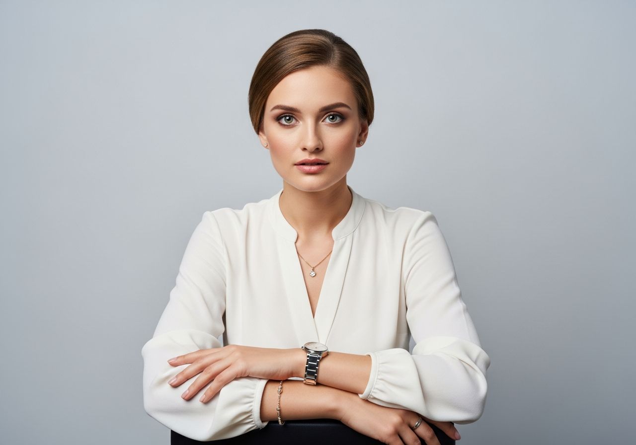 Mladá žena na fotografii na pas, sediaca pred sivým pozadím, s prirodzeným vzhľadom a priamym pohľadom.