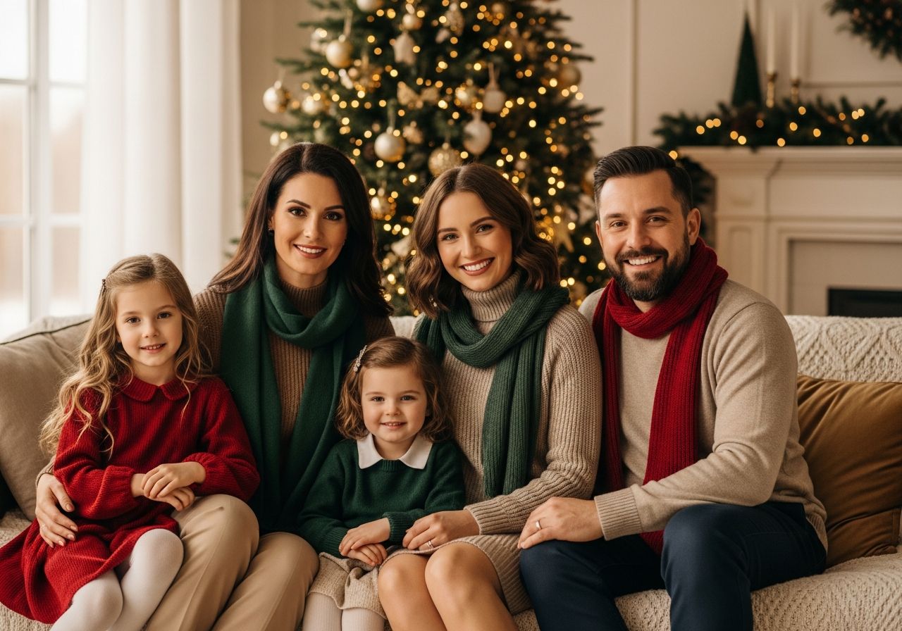 Rodina pri vianočnom fotení v obývačke s vianočným stromčekom, všetci usmiati a v teplom oblečení.