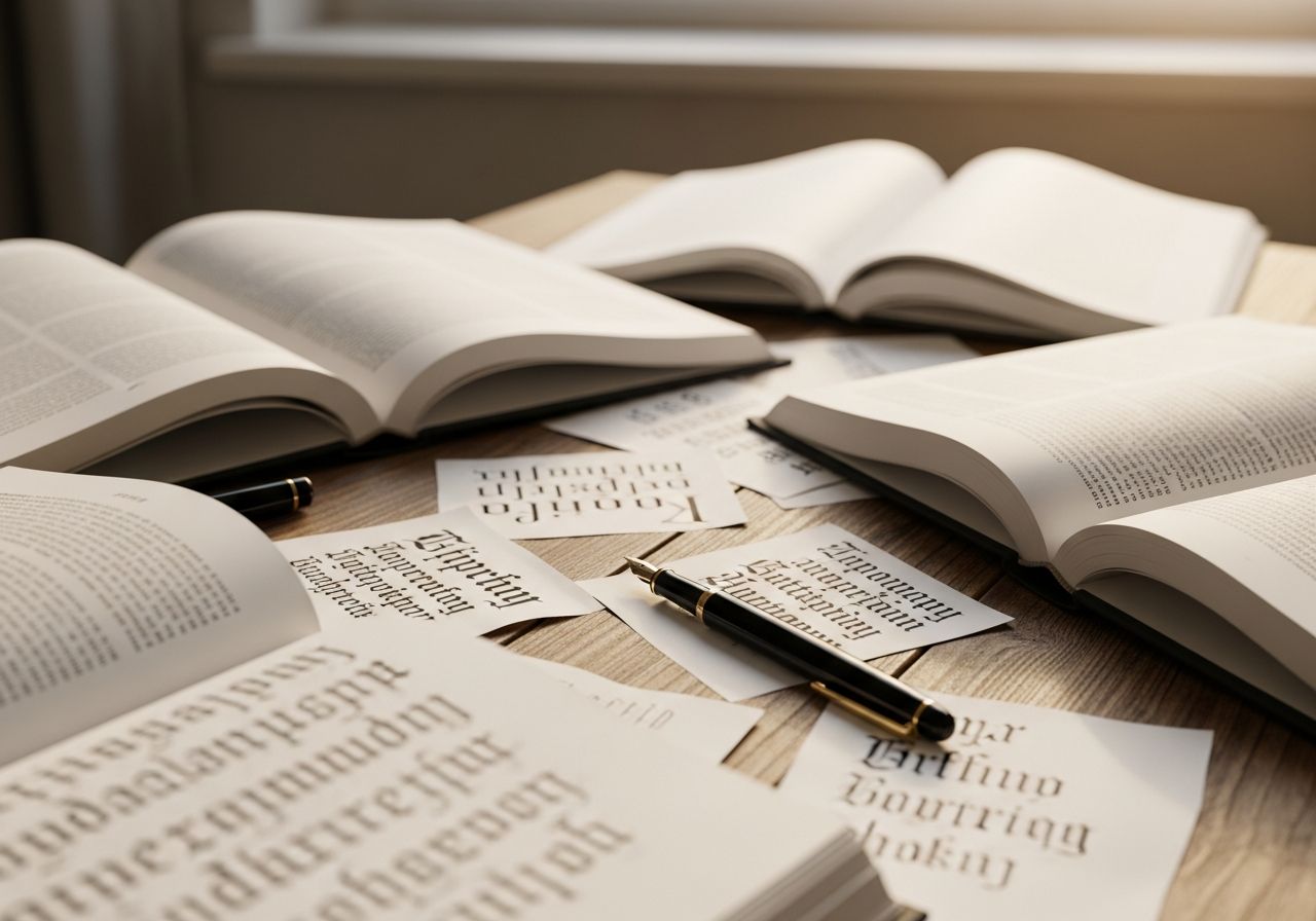 Detailný záber stola s otvorenými knihami o typografii, písacom perom a rukou písanými poznámkami.