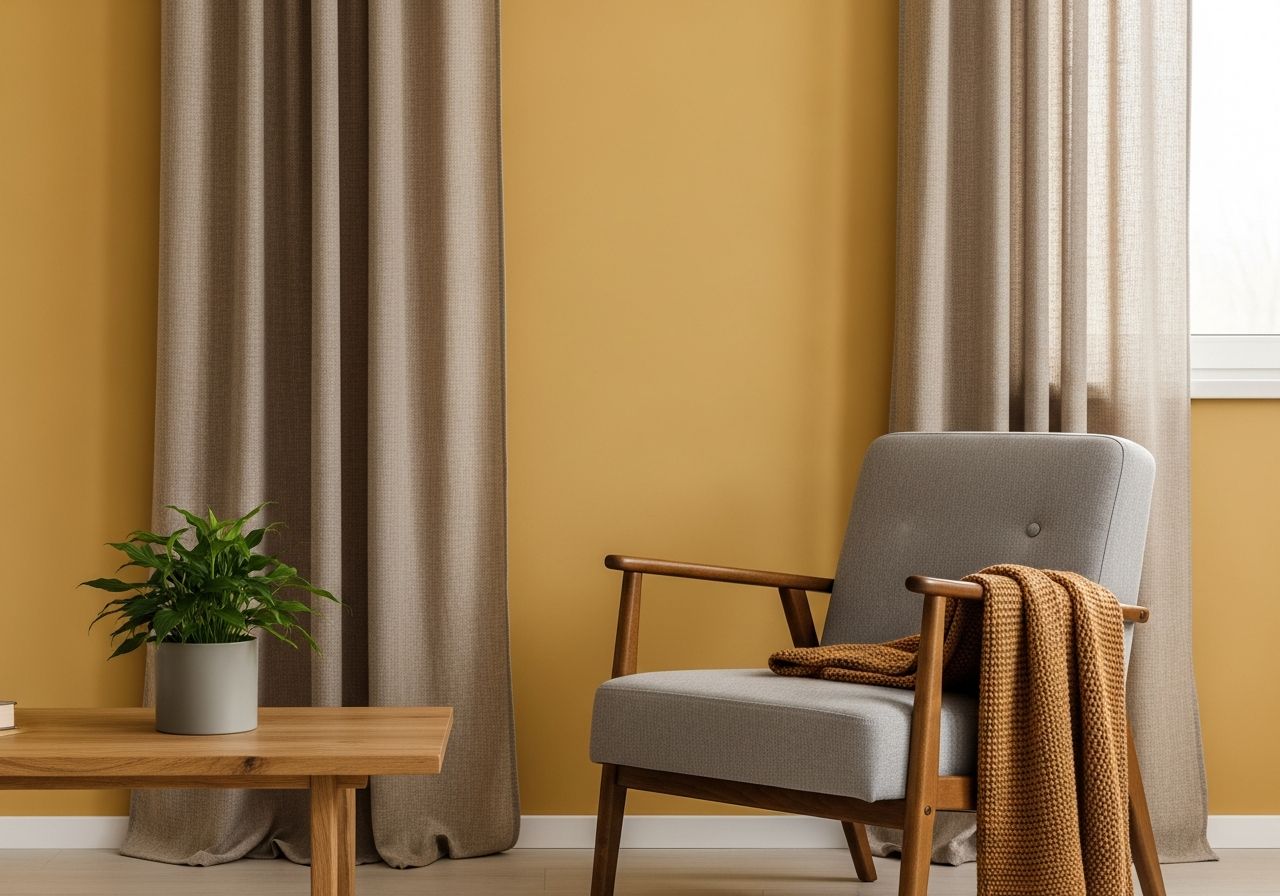 Moderný obývací kút s horčicovo žltou stenou, dreveným kreslom a prírodným dekorom v teplých farbách.