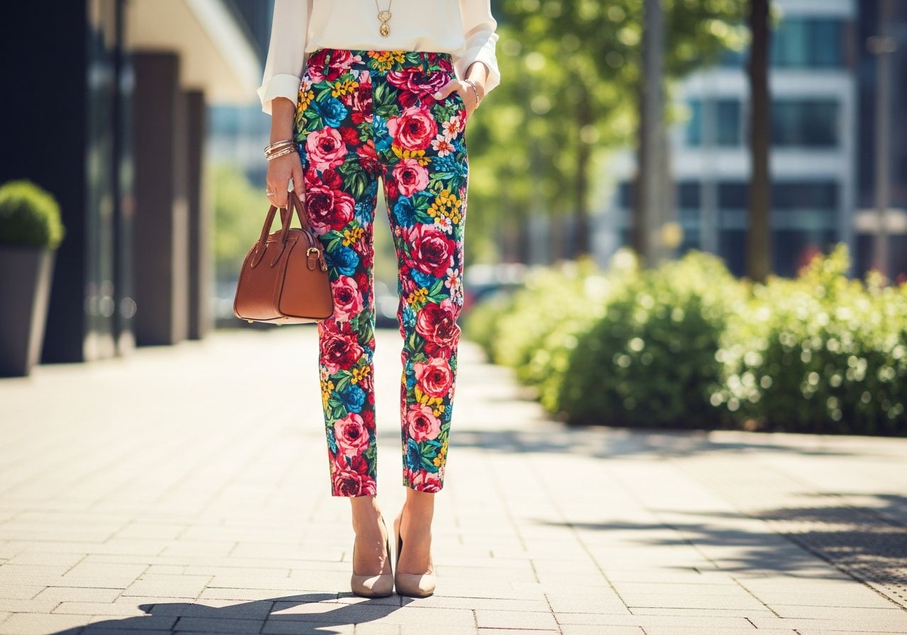 Žena v kvetinových nohaviciach a bielej blúzke stojaca na slnečnej mestskej ulici s koženou kabelkou.