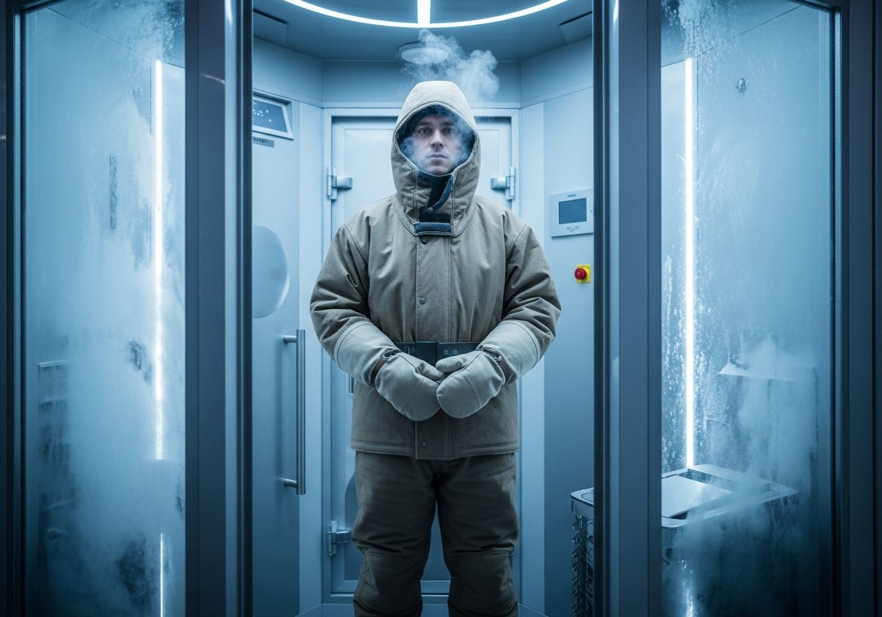 Osoba v termooblečení v modernom kryokomore pripravená na extrémne chladenie.
