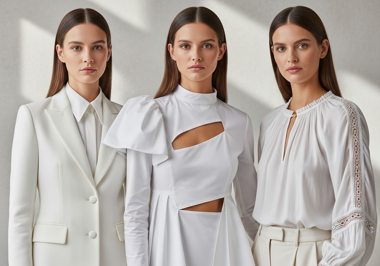 Tri ženy v bielych blúzkach rôznych štýlov na neutrálnom pozadí v prirodzenom svetle