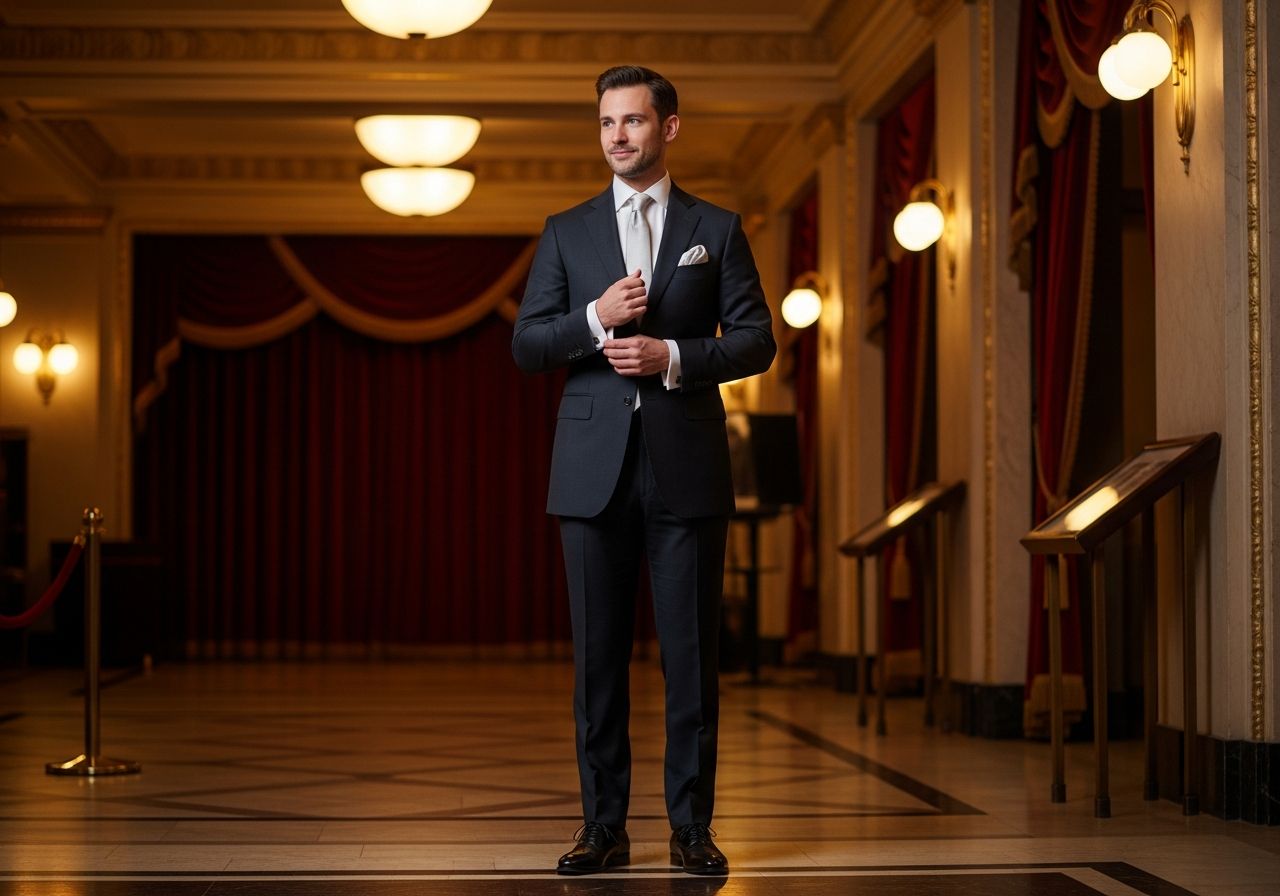 Muž v tmavom obleku sa usmieva a upravuje manžetové gombíky v luxusnom divadelnom lobby.
